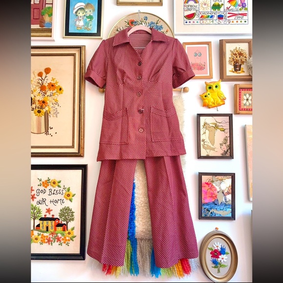 Vintage 1970s Jovy Polka Dot Two-Piece Pantsuit Set Flare Pants– Made in Canada - Picture 1 of 5